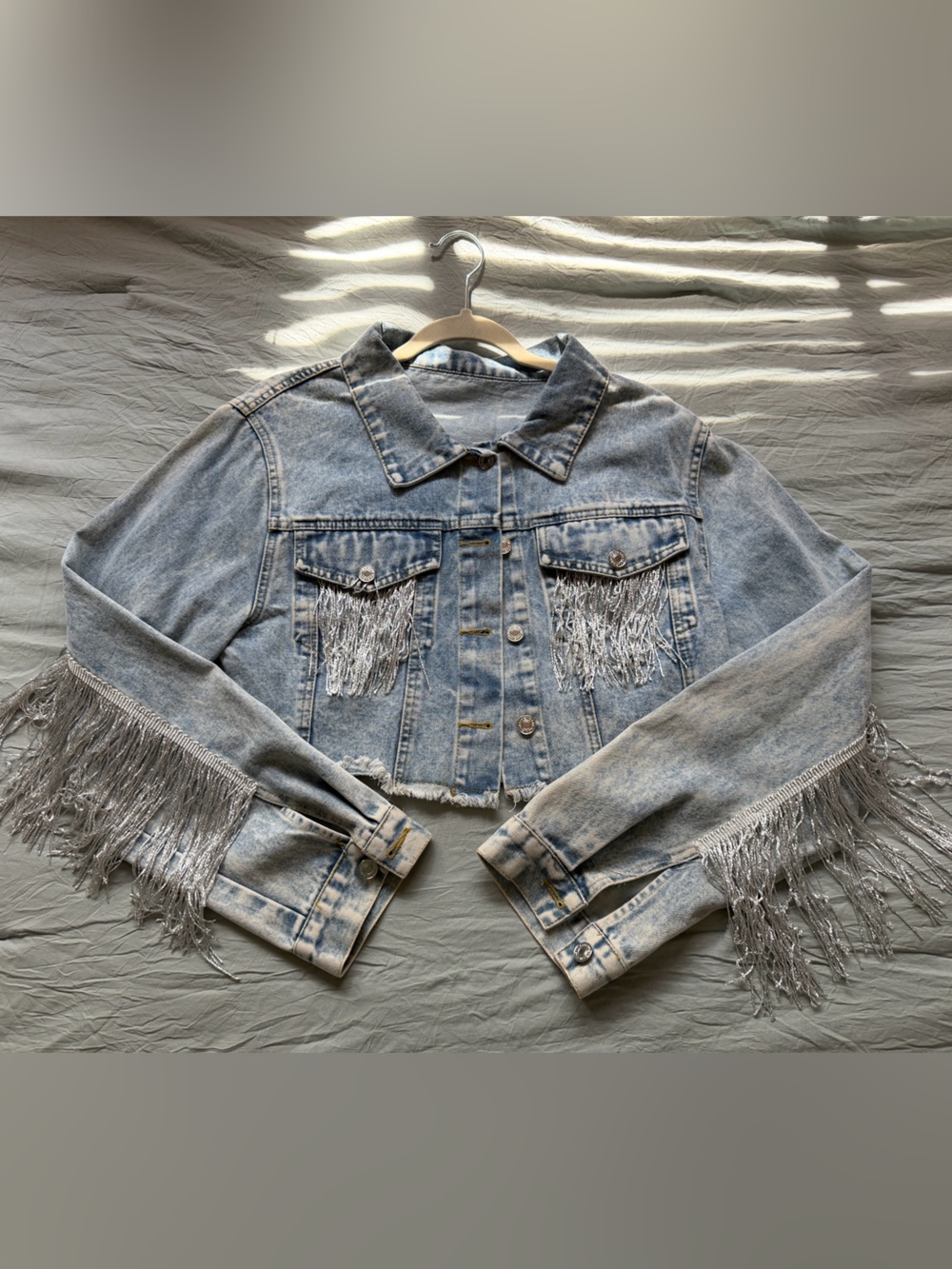 Light Wash Denim Jacket with Silver Fringe Trim